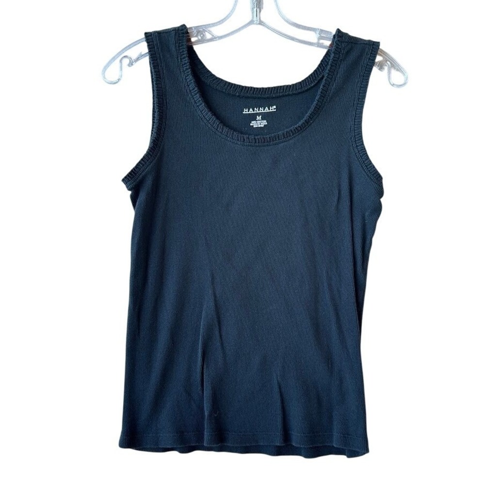 Hannah Womens Ribbed Tank Top Black‎ Lettuce Edge Trim 100% Cotton Size M